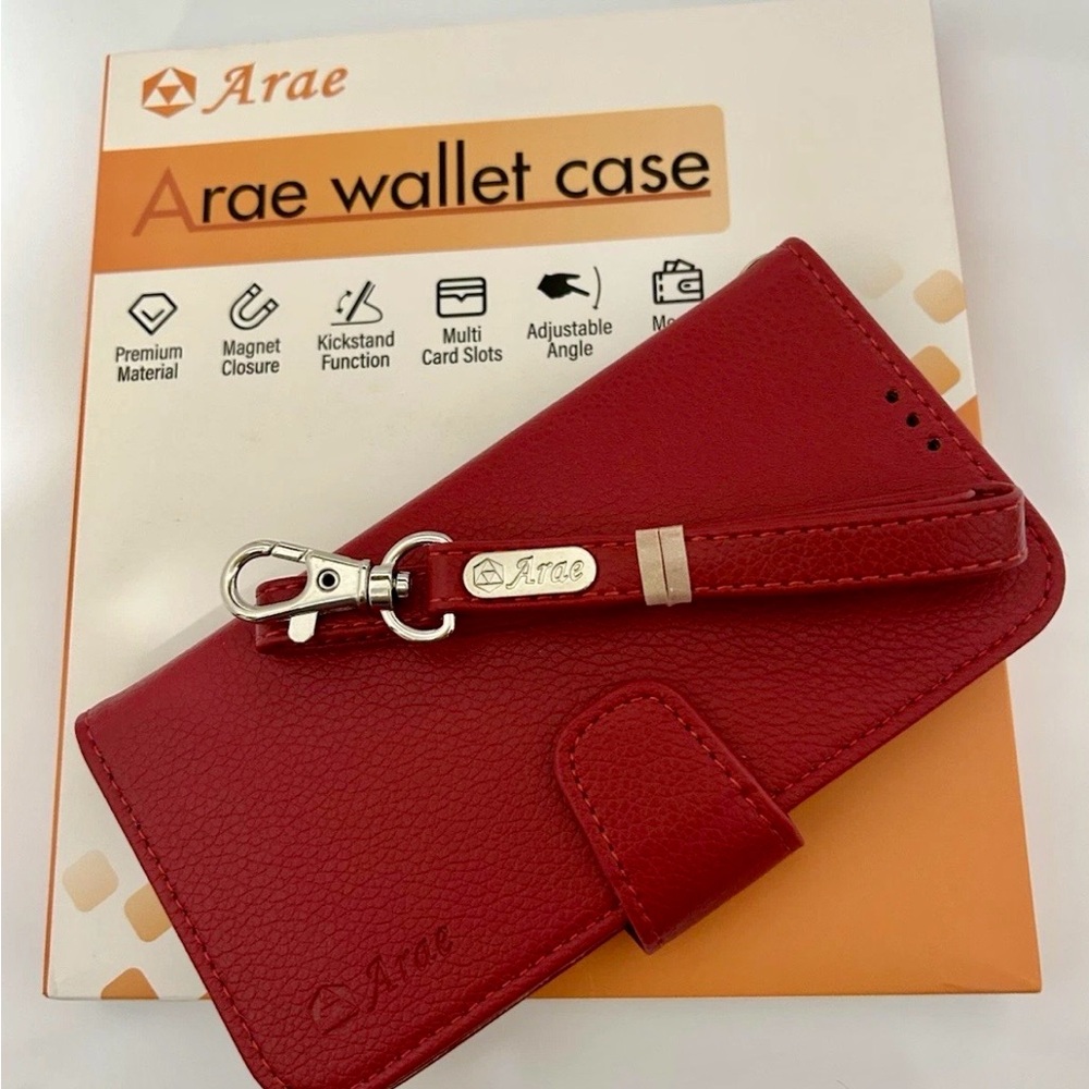 Arae Red Wallet Case with Strap for iPhone 16